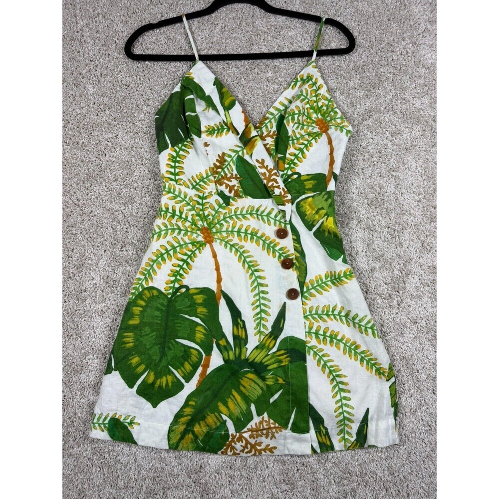 Farm Rio Tropical Palm Print Mini Dress XS Linen Blend Wrap Cami Dress